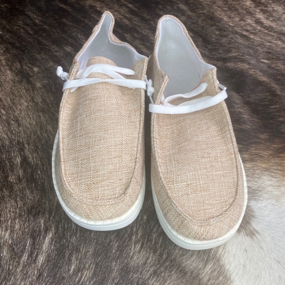 Canvas/Burlap Tan Lace Up Flat Sneakers - Similar to Hey Dude - Picture 2 of 5